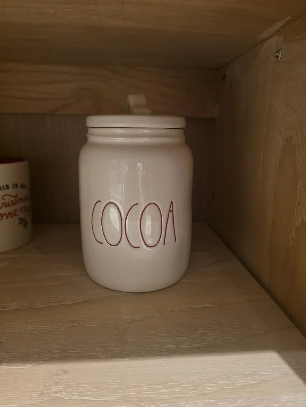 Rae Dunn COCOA Ceramic Canister - White with Red Lettering